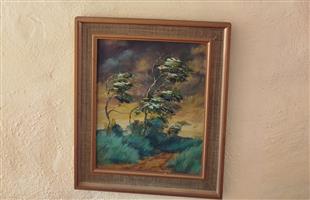 Framed antique picture of wind blown trees