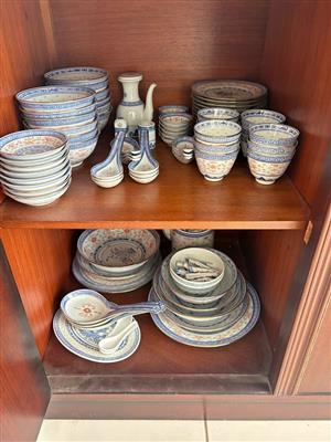 Chinese Dinnerware Traditional Blue/White Floral Gold Rim Rice Grain Pattern. 12 of each. Seapoint