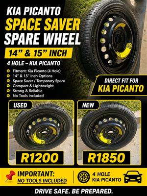 Kia Picanto New and Used 14 and 15 inch Space Saver Spare Wheel with Tyre