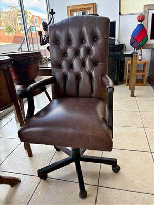 Executive Chesterfield Style Office Chair - Brown Tufted Genuine Leather