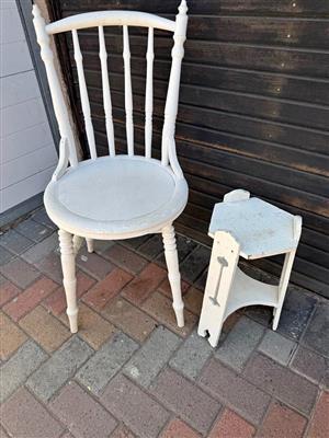White wooden chair with side table
