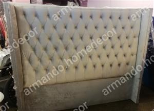New king grey velvet wing headboard with buttons and studs