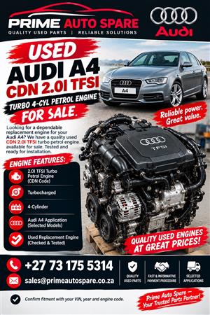 Used Audi A4 CDN 2.0 TFSI Turbo 4-Cylinder Petrol Engine.