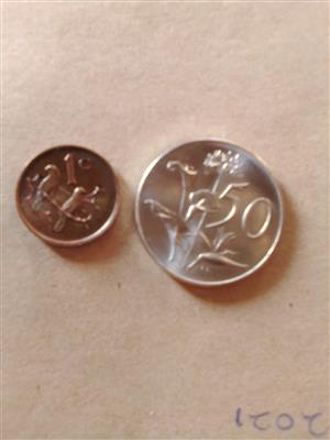 1965 coins , 50c Afrikaans and 1c English in good conditiin