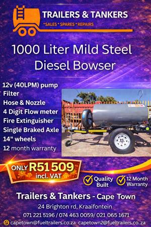 1000 L MILD STEEL DIESEL/OIL/PARAFFIN BOWSER