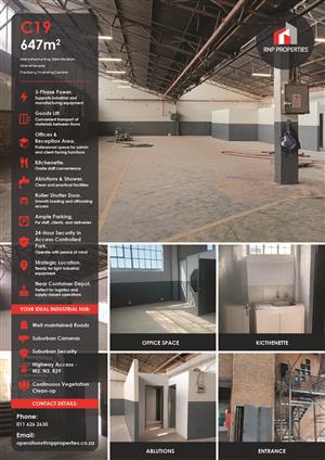 C19 – 1st Floor 647m² Factory, Manufacturing, Distribution Space To Let