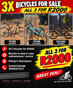 3 X Used Bicycles for sale