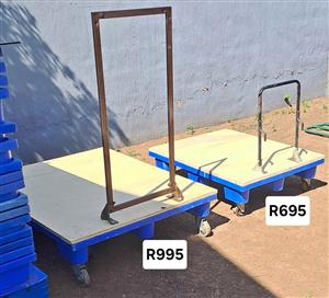 2 xPlastic Pallet Trolleys 4 wheels 20mm Plywood Top covered with perspex for Waterproof & Handling