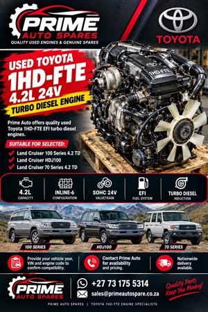 Used Toyota 1HD-FTE 4.2L 24V Turbo Diesel Engine.