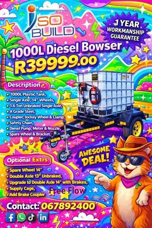 1000L & 2500L Diesel & Water Bowsers for Sale on Order