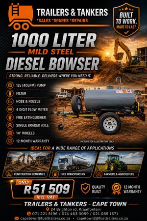 1000 L MILD STEEL DIESEL/OIL/PARAFFIN BOWSER