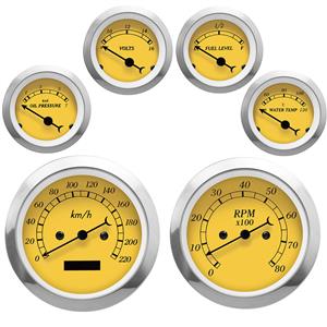 Autogauge Classic Yellow Face 6 Gauge Set (speedo/tacho/oil pressure/water temp/volte/Fuel)