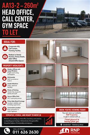 AA13-2 – 260m² Head Office, Call Center, Gym Space To Let