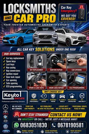 Mobile Locksmith Durban, all types of vehicle transponder keys done and opening 