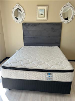 Queen bed (base and mattress)with velveteen headboard 