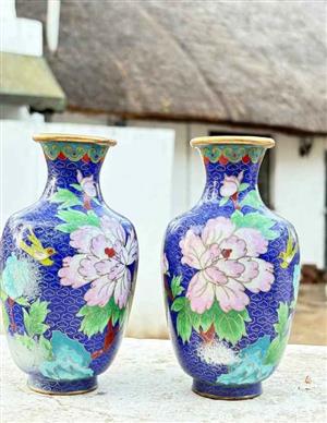 Pair of Antique Chinese Cloisonné Jars – Floral Enamel Brass – Decorative Collectibles