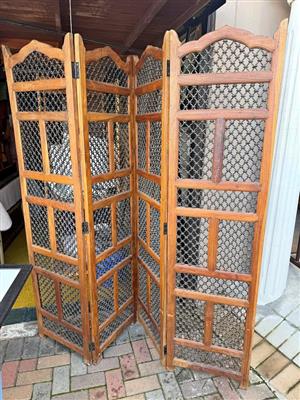 4 Panel mangowood room divider framed with jail  metal screen