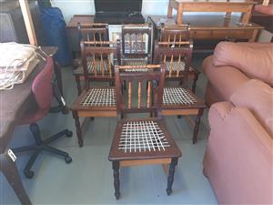 Set of six imbuia, yellowwood and riempie diningroom chairs