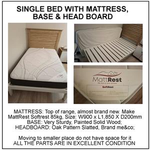 Single Bed with Mattress, Base & Headboard