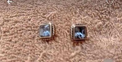 Earrings Blue Topaz Sterling Silver  cable-style or rope design border Vintage looking