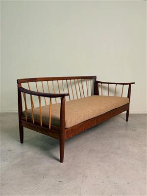 Mid-century Greaves and Thomas spindle back sofa with curved armrests in muted