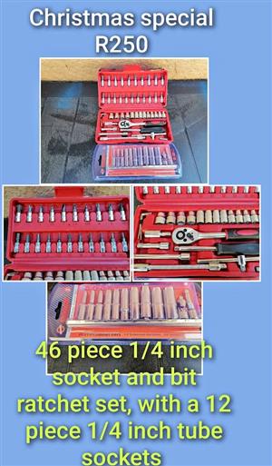 Tool set,, 46 piece 1 /4 inch socket and bit ratchet set plus 12 piece 1 /4 inch tube sockets