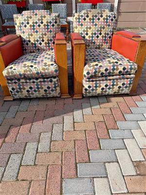 Art Deco armchair with polka dot cushions and orange geniune leather inserts