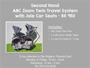 Second Hand ABC Zoom Twin Travel System with Joie Car Seats
