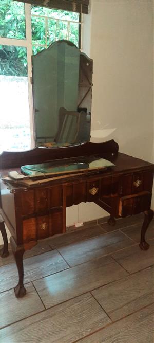 vintage solid Imbuia ball and claw dressing table with a mirror