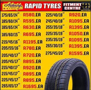 Brand new tyres, unbeatable prices, open 7 days, fitting fitment and balancing 