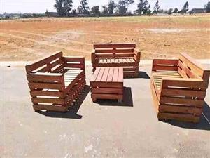 Wooden benches and patio chairs