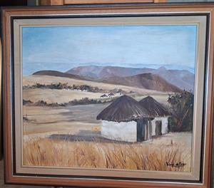 Rondawel Huts in Bushveld Oil Painting Framed 