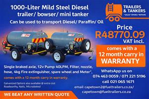 ~Trailers&Tankers~1500~liter mild steel diesel bowser/fuel trailer/mini tanker~