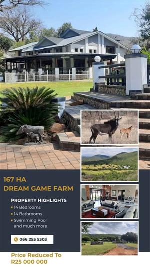 Game farm and venue on 165ha with 1km riverfront. Brits, North West. 