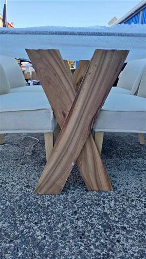 Modern dining glass table with cross leg wooden base