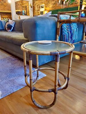 Vintage Cane / Bamboo Side Table - Round / Circular - Tiki Boho