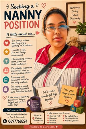 Seeking a full time nanny position. Available to start soon