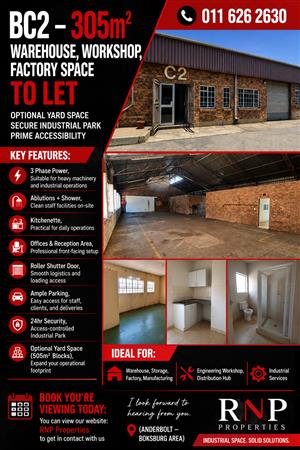 BC2 – 305m² Warehouse, Workshop, Factory Space To Let